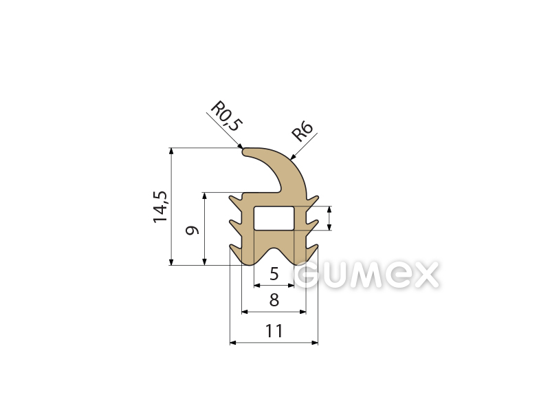 Geformtes Silikonprofil mit Loch, 14,5x11/8mm, 60°ShA, -60°C/+275°C, beige, 